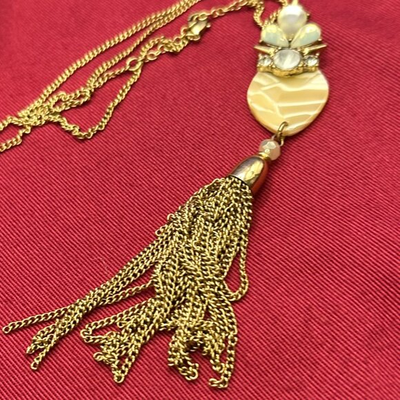Long Jade & Jasper Gold-Tone Pendant Necklace Crystals & Tassel - Picture 7 of 10